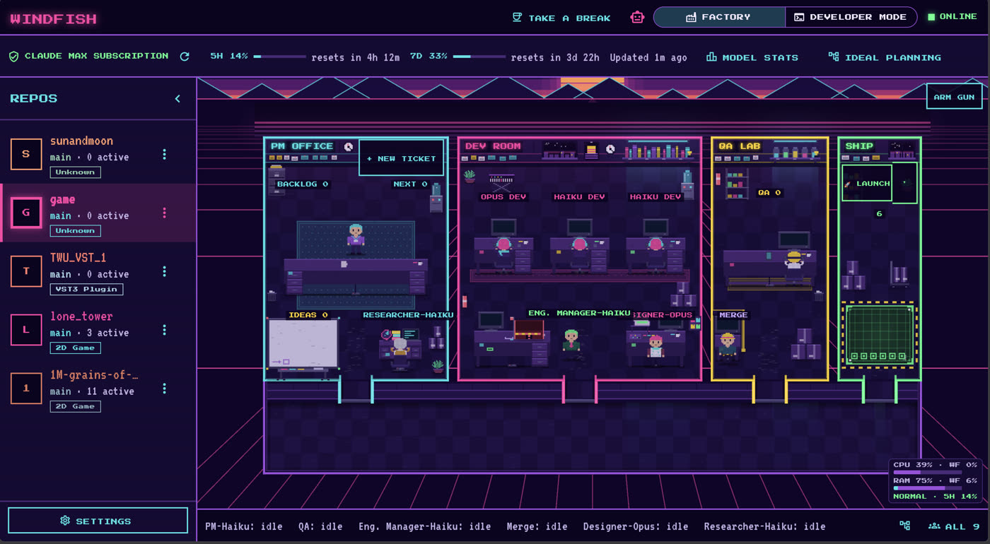 The Windfish game factory dashboard, with PM office, dev room, QA lab, and ship rooms in pixel art